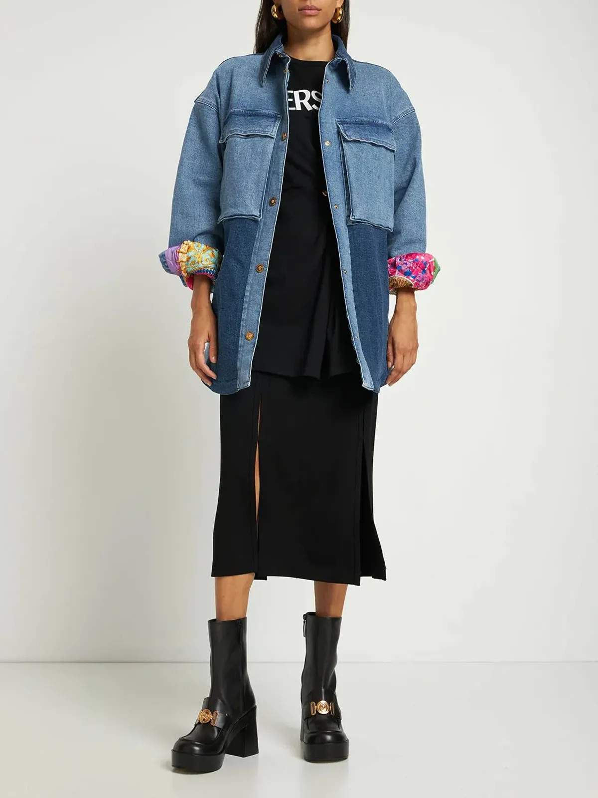 Versace Oversized Patchwork Cotton Denim Shirt Size 8 for rent on The Volte - main image