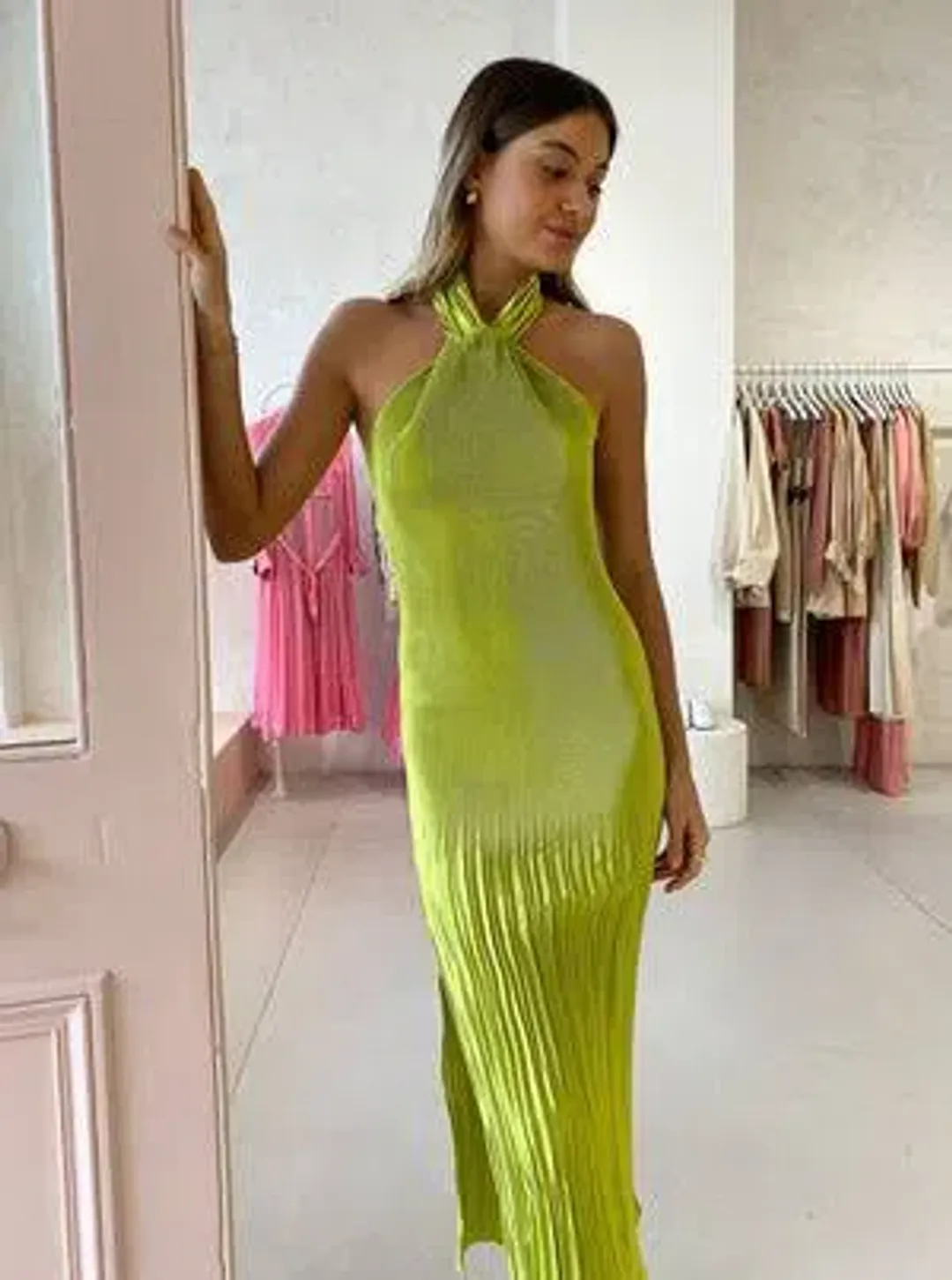 L'Idee Soirée Pleated Halter Gown Green Size 10 for rent on The Volte - main image