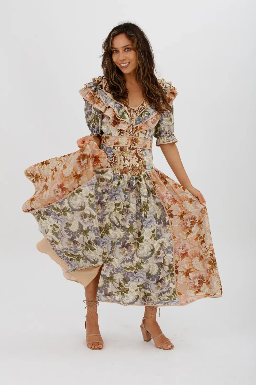 Alèmais Phillipa Ruffle Neck Midi Dress Floral Size 8 for rent on The Volte - main image