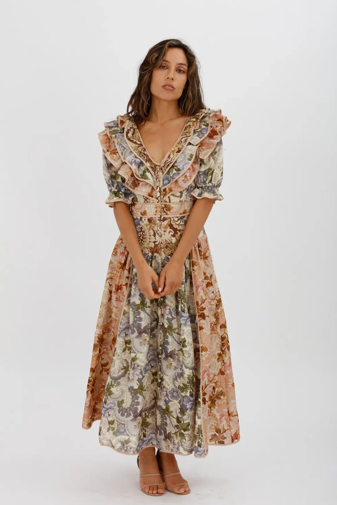 Alèmais Phillipa Ruffle Neck Midi Dress Floral Size 8 for rent on The Volte - main image