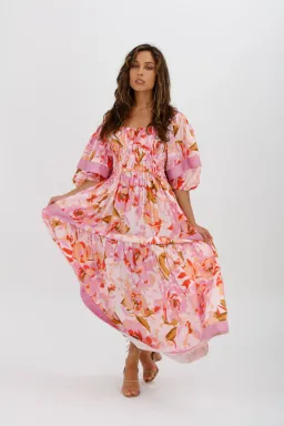 Acler Wayland Short Sleeve Printed Midi Dress Pink Floral Size 8 for rent on The Volte - image 1