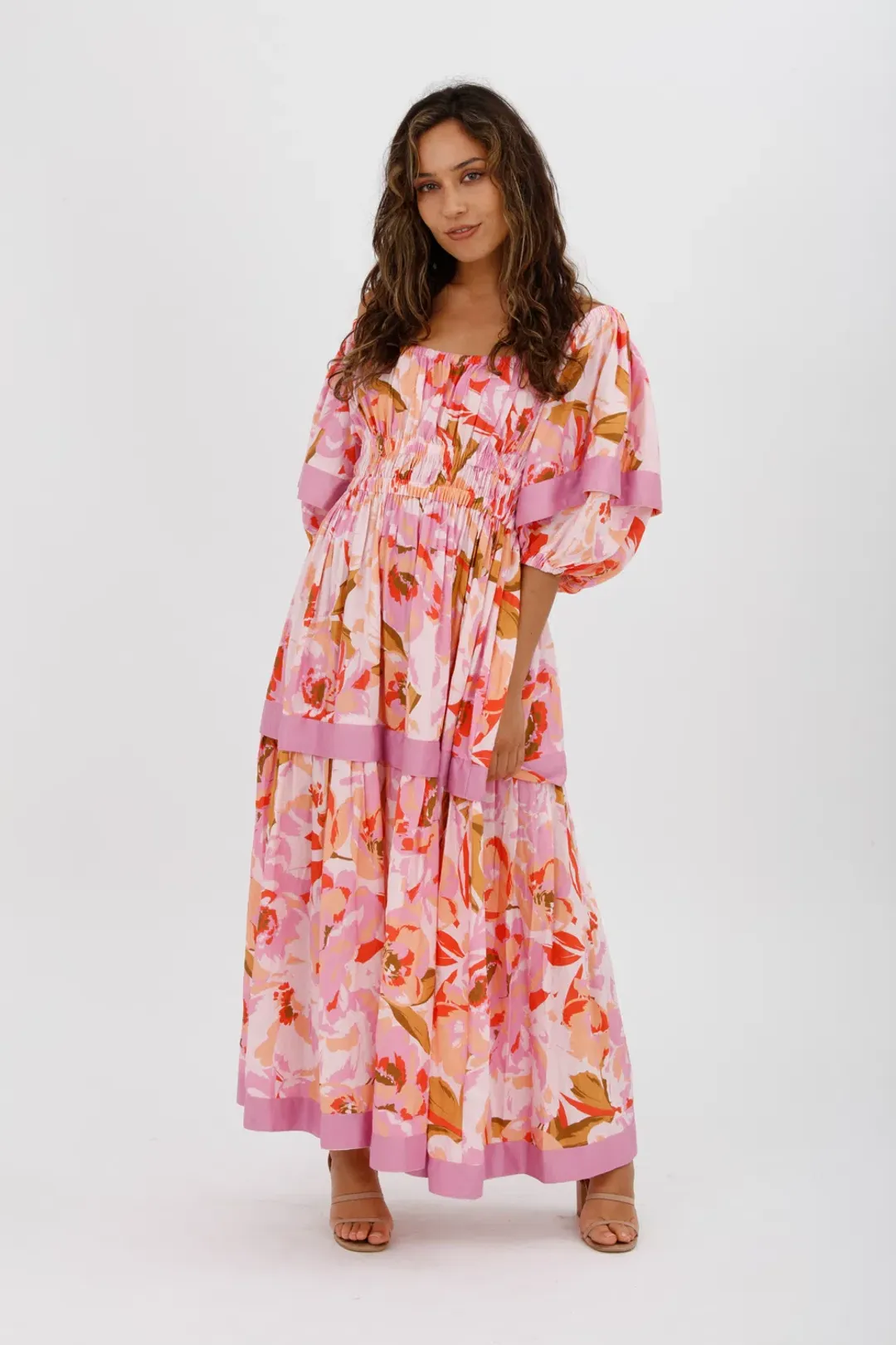 Acler Wayland Short Sleeve Printed Midi Dress Pink Floral Size 8 for rent on The Volte - main image
