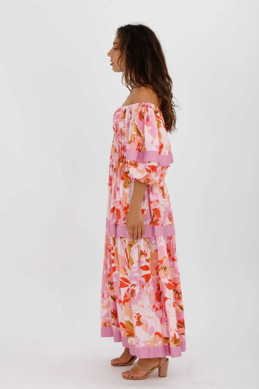 Acler Wayland Short Sleeve Printed Midi Dress Pink Floral Size 8 for rent on The Volte - main image