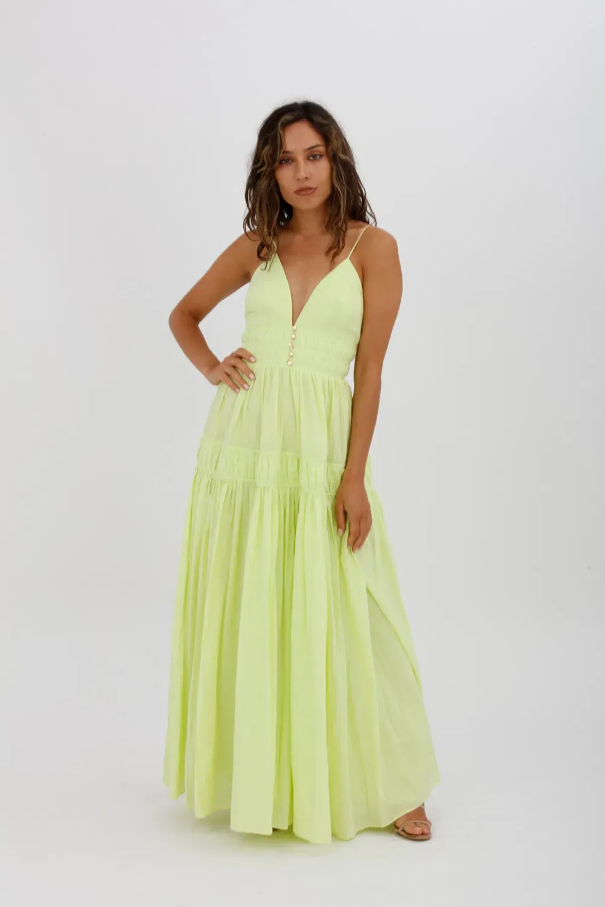 Aje Grace Tiered Midi Dress Pastel Yellow Green Size 10 for rent on The Volte - main image