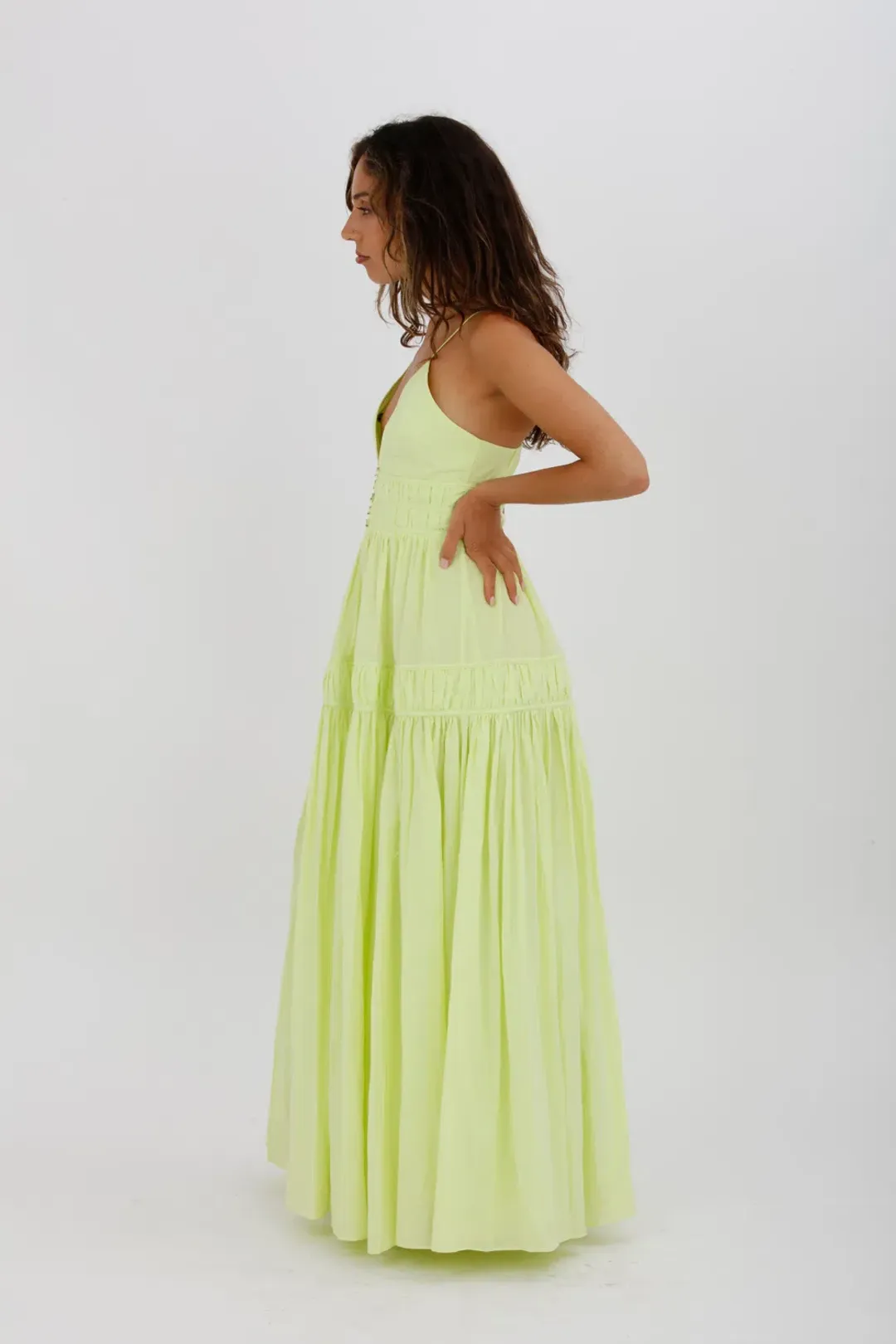 Aje Grace Tiered Midi Dress Pastel Yellow Green Size 10 for rent on The Volte - main image