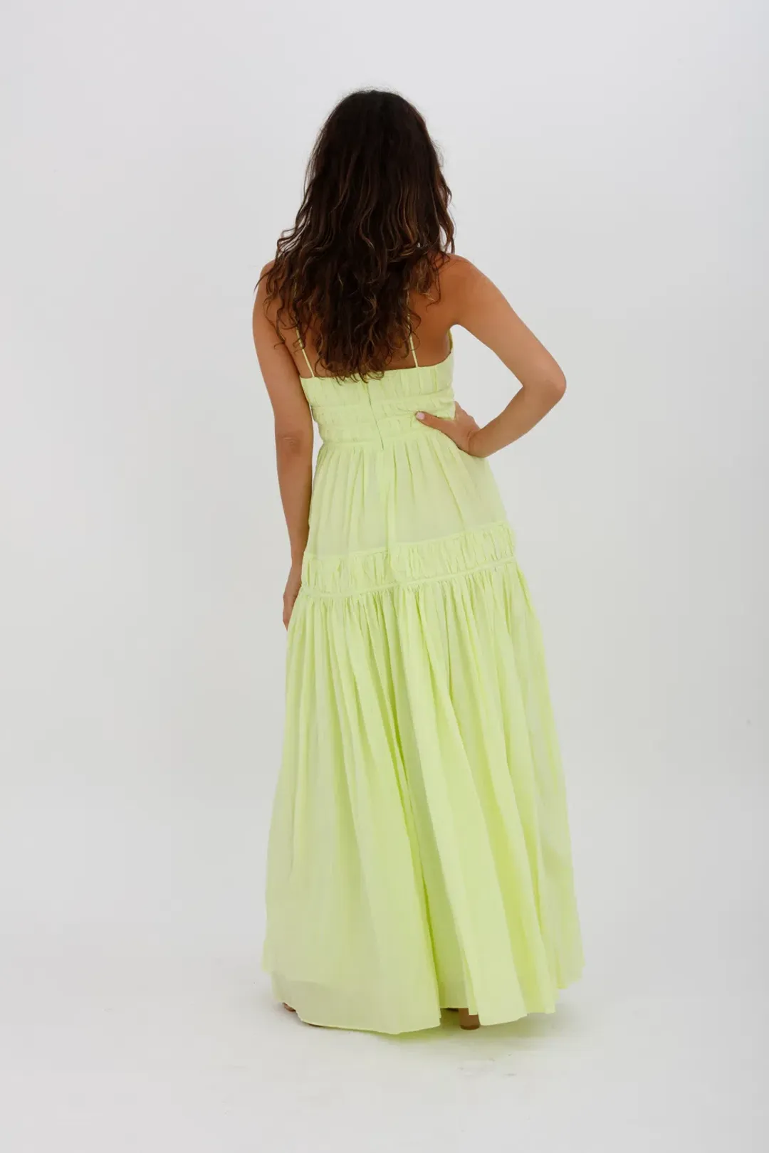 Aje Grace Tiered Midi Dress Pastel Yellow Green Size 10 for rent on The Volte - main image