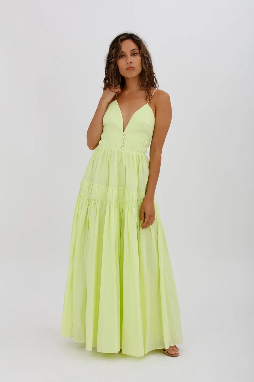 Aje Grace Tiered Midi Dress Pastel Yellow Green Size 10 for rent on The Volte - main image