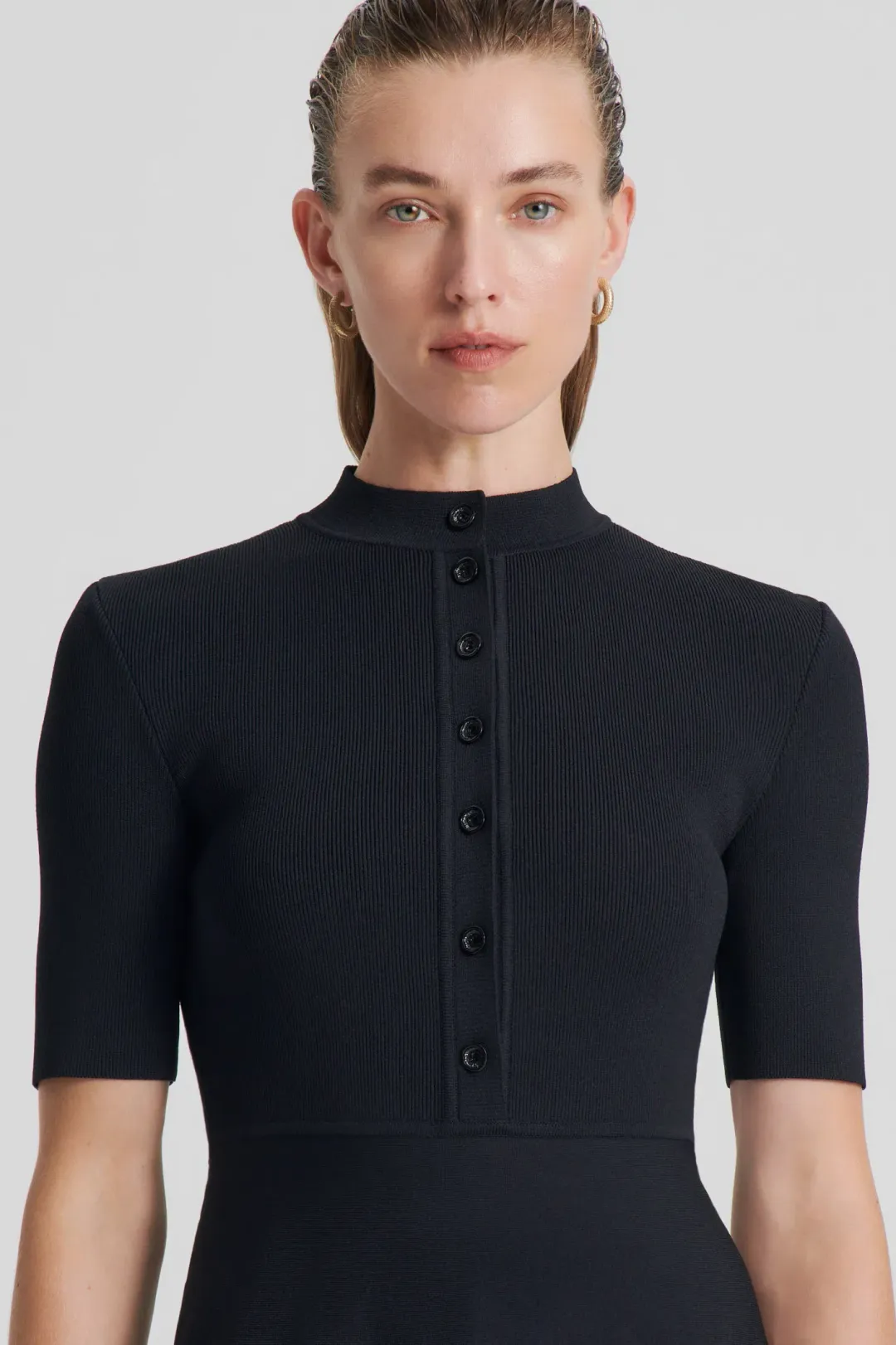 Scanlan Theodore Crepe Knit Short Sleeve Button Midi Dress Black Size S / Au 8 for rent on The Volte - main image