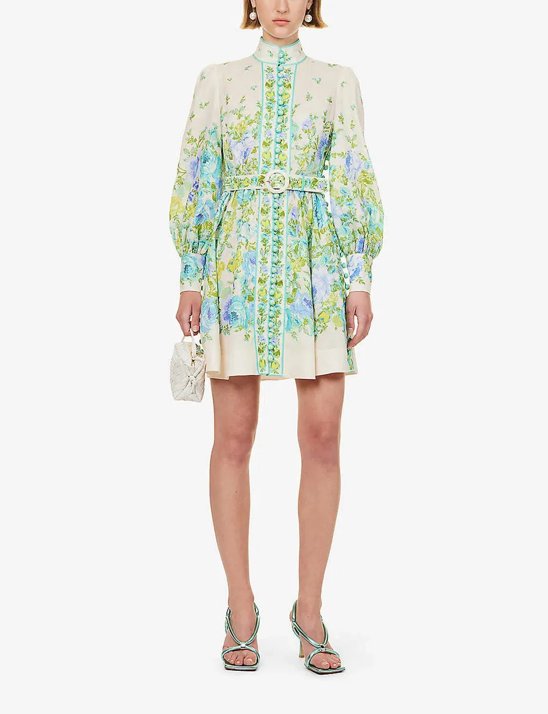 Zimmermann   Raie Buttoned Mini Dress   Teal/Blue Floral   Size 1 / Au 10 for rent on The Volte - main image