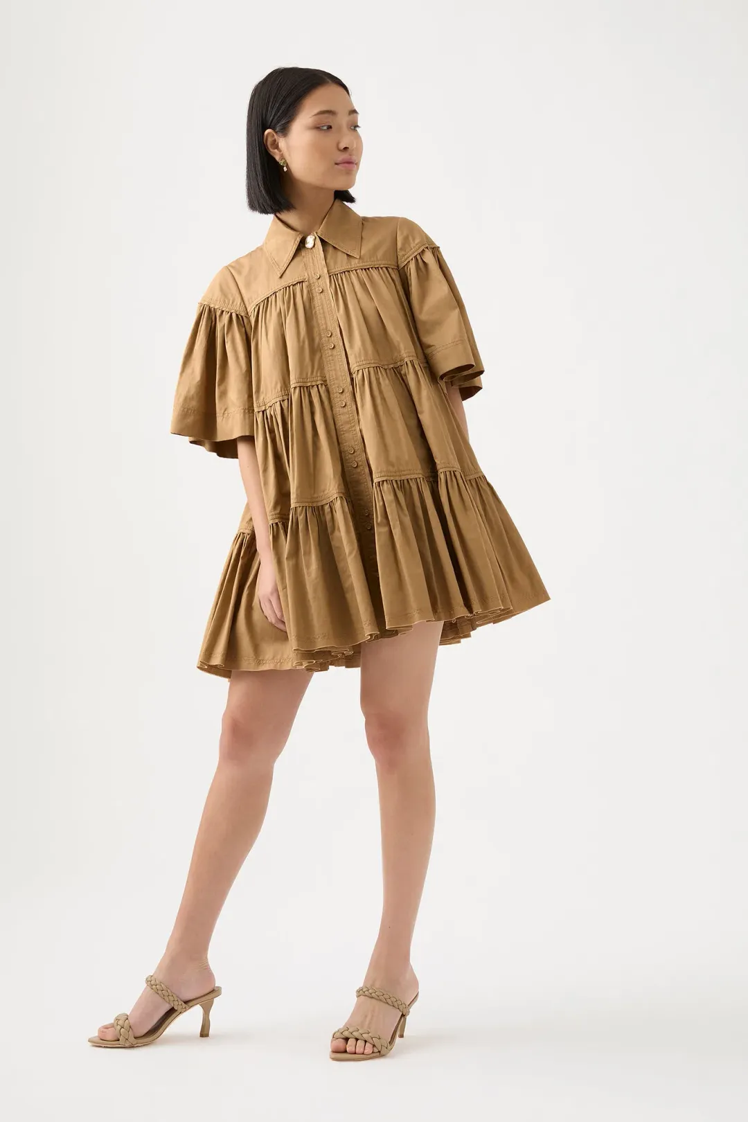 Aje Lana Smock Mini Dress Willow Brown Size AU 8 for rent on The Volte - main image