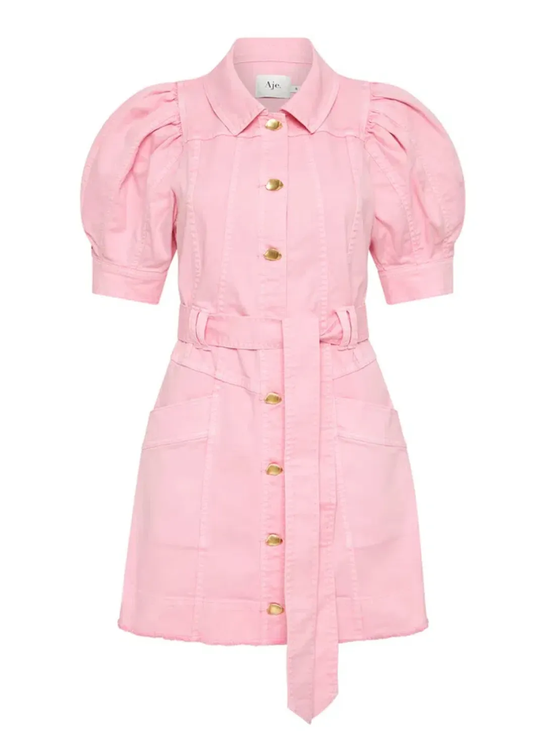 Aje Flora Denim Puff Sleeve Mini Dress Pink Size AU 8 for rent on The Volte - main image