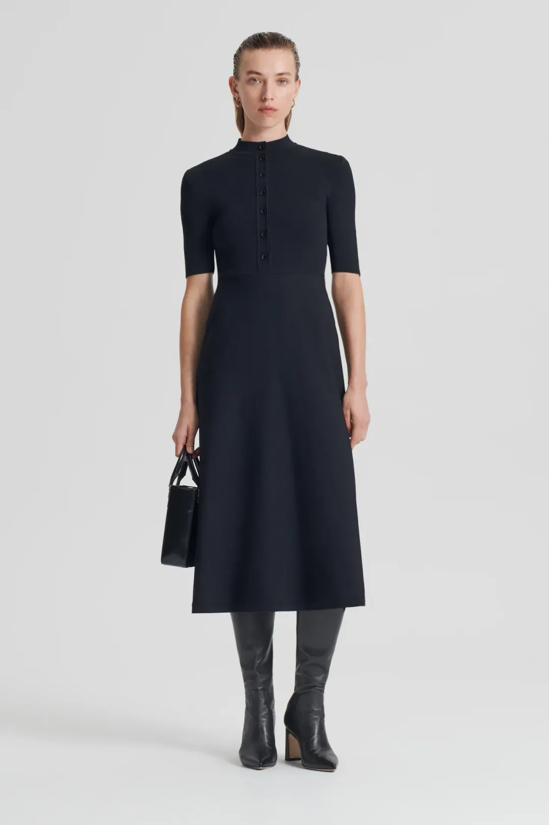 Scanlan Theodore Crepe Knit Short Sleeve Button Midi Dress Black Size XS/AU 6 for rent on The Volte - main image