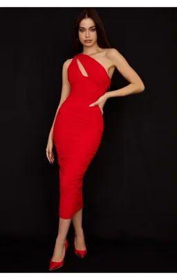 House of CB Valentina Asymmetric Cutout Midi Dress Red Size S/Au 8 for rent on The Volte - image 1