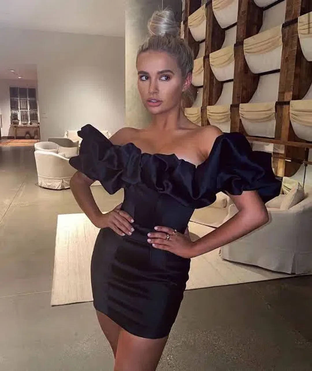 House of CB Selena Satin Puff Shoulder Mini Dress Black Size M / Au 10 for rent on The Volte - main image