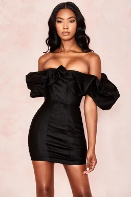 House of CB Selena Satin Puff Shoulder Mini Dress Black Size M / Au 10 for rent on The Volte - image 2