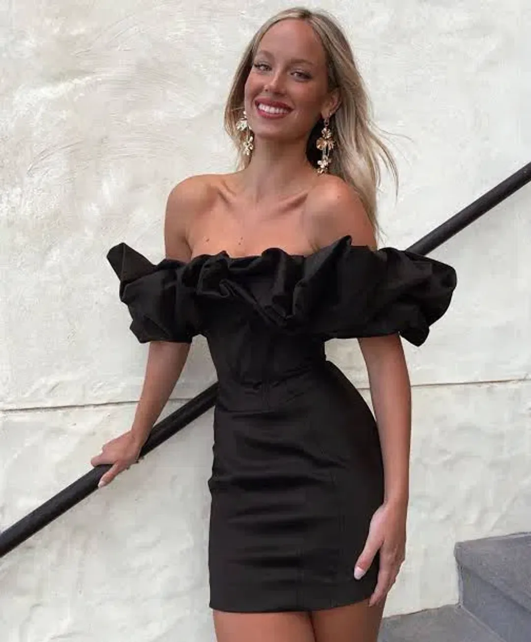 House of CB Selena Satin Puff Shoulder Mini Dress Black Size M / Au 10 for rent on The Volte - main image