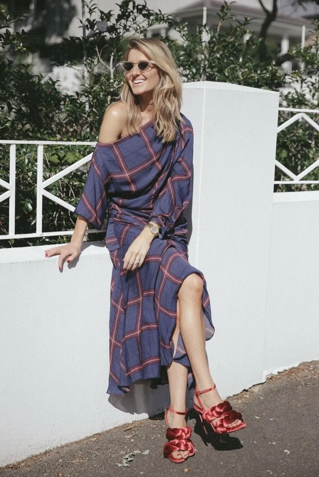 Camilla and Marc Alaine Check Midi Dress Navy/Print Size 8 for rent on The Volte - main image