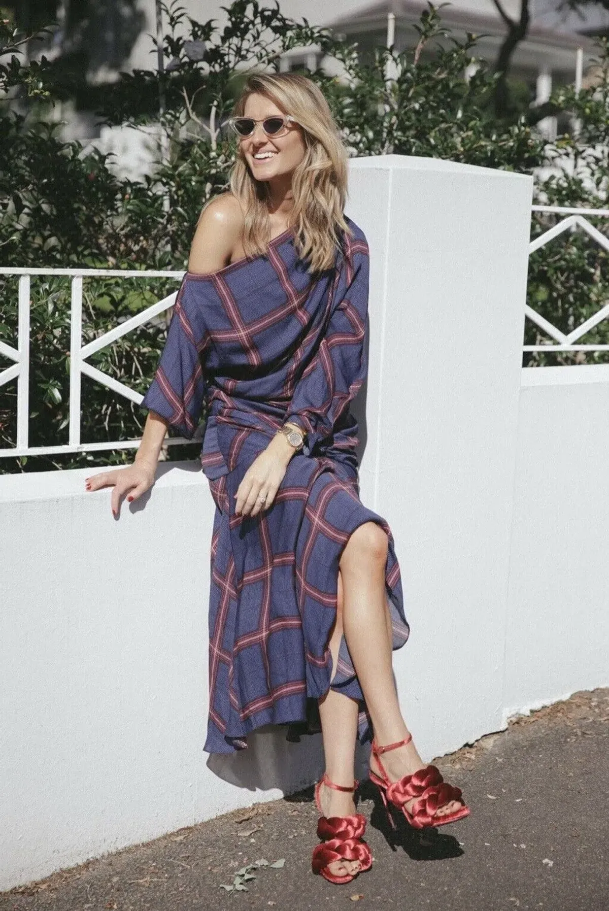 Camilla and Marc Alaine Check Midi Dress Navy/Print Size 8 for rent on The Volte - main image