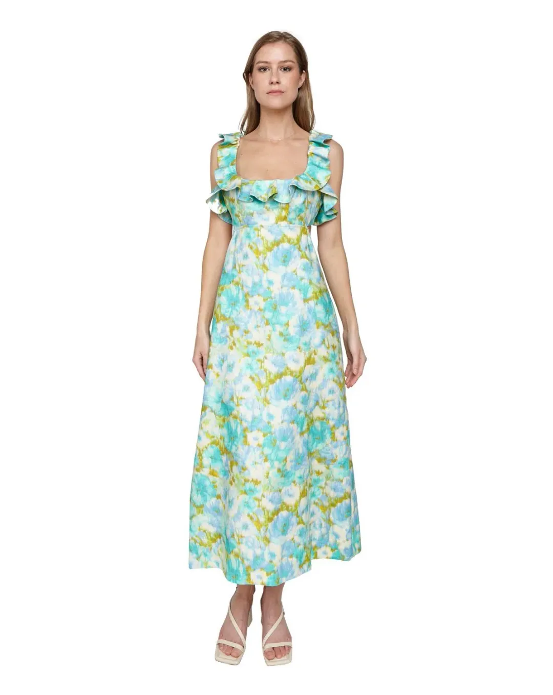 Zimmermann The High Tide Frilled Midi in Aqua Ikat Floral Size 1 /Au 10 for rent on The Volte - main image