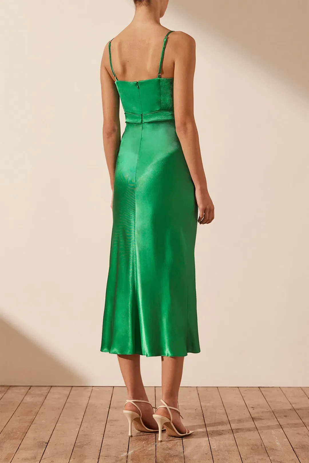 Shona Joy Lana Corded Ruched Midi Dress Tree Green Size 8 for rent on The Volte - main image