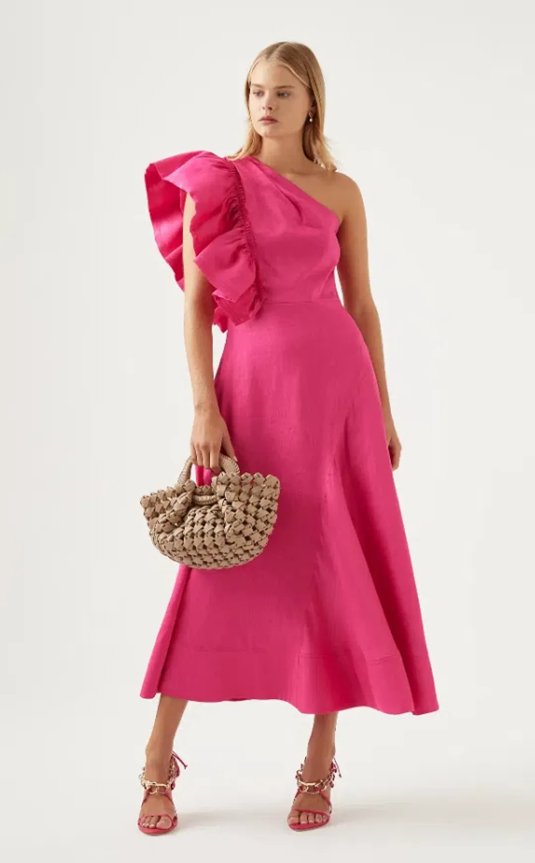 Aje Bonjour Asymmetric Midi Dress Fuchsia Size 16 for rent on The Volte - main image