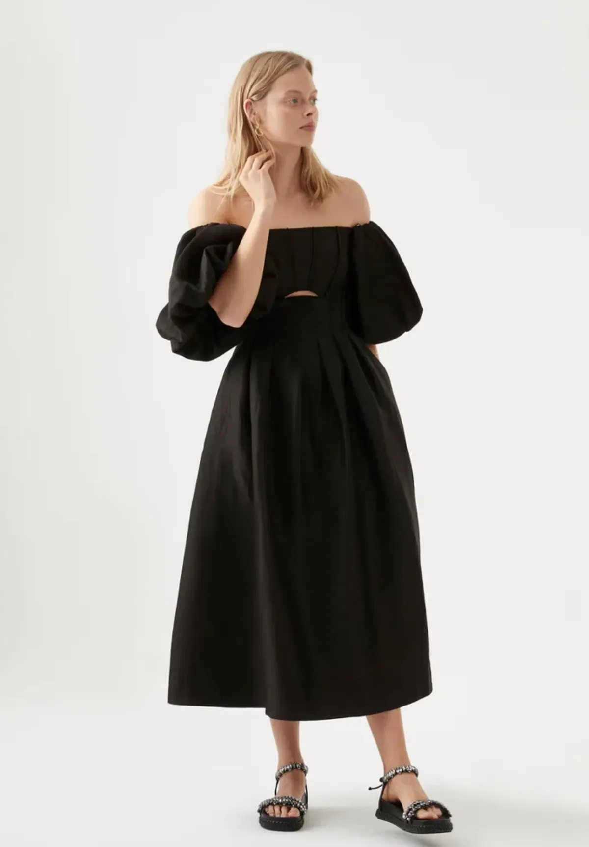 Aje Eugenie Off Shoulder Midi Dress Black Size AU 8 for rent on The Volte - main image