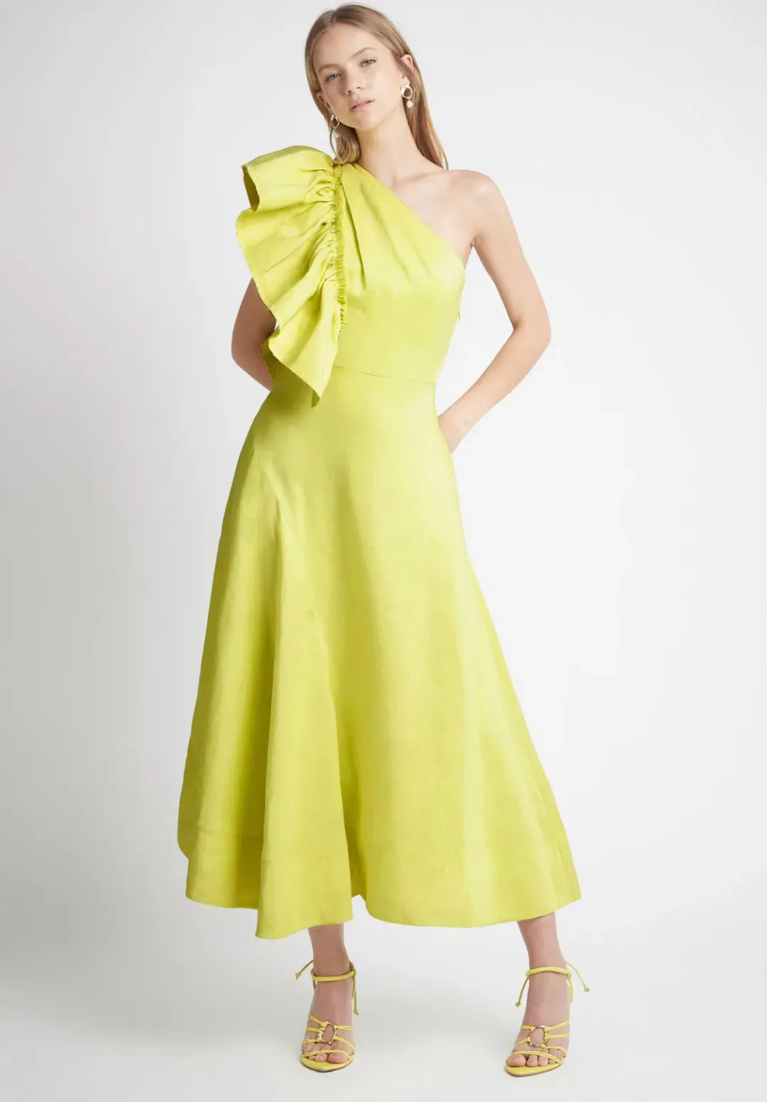 Aje Bonjour Asymmetric Midi Dress Lime Green Size 12 for rent on The Volte - main image
