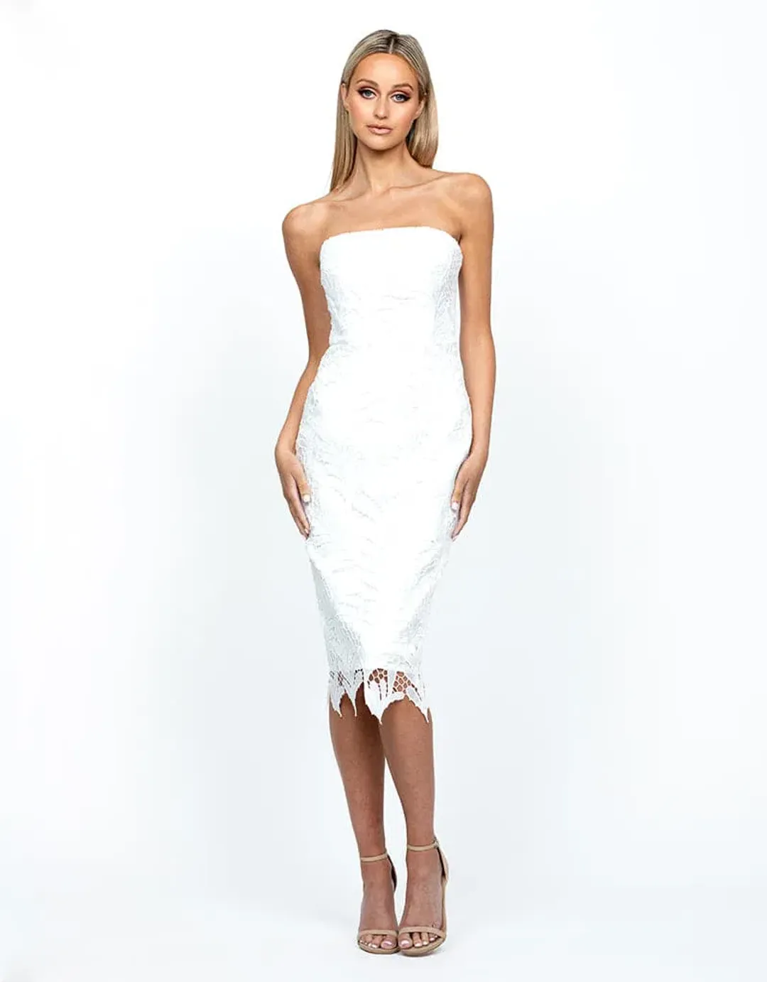 Bariano Midi Gloria Strapless White Size 6  for rent on The Volte - main image