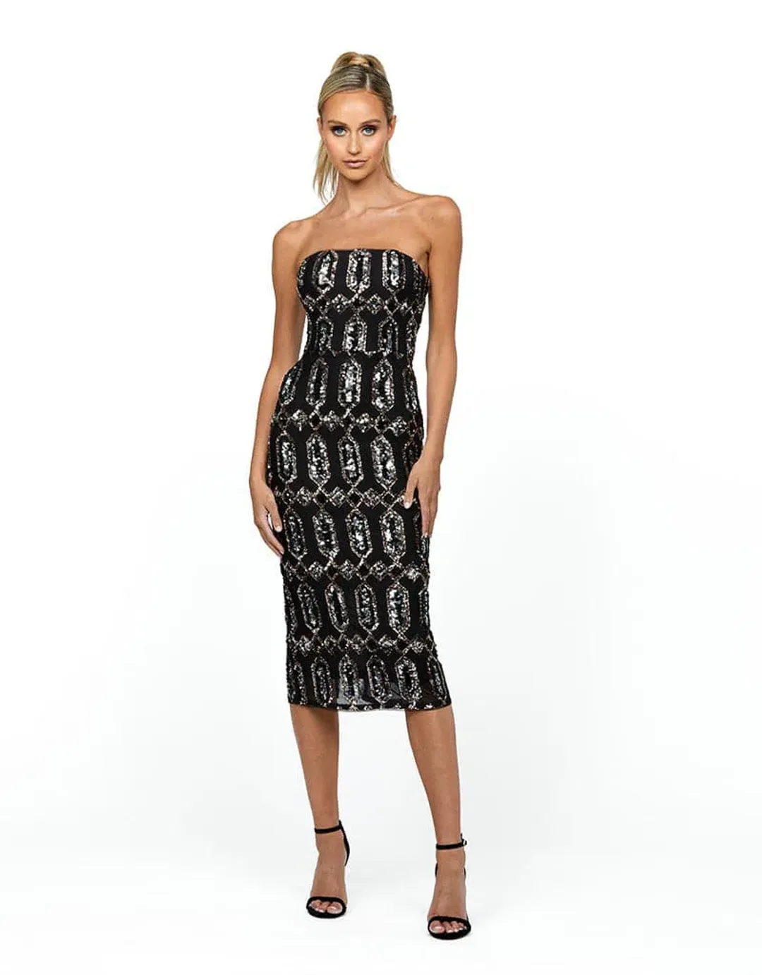 Bariano Blanca Strapless Midi Dress Black Multi Size AU 8 for rent on The Volte - main image