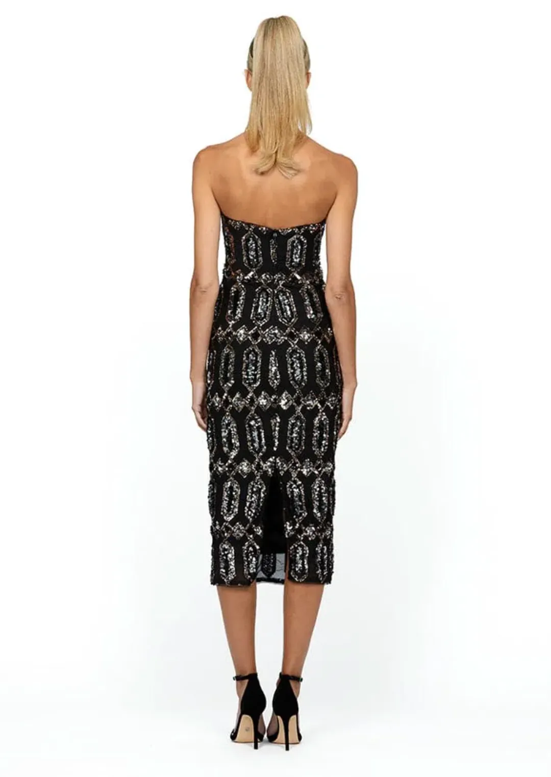 Bariano Blanca Strapless Midi Dress Black Multi Size AU 8 for rent on The Volte - main image