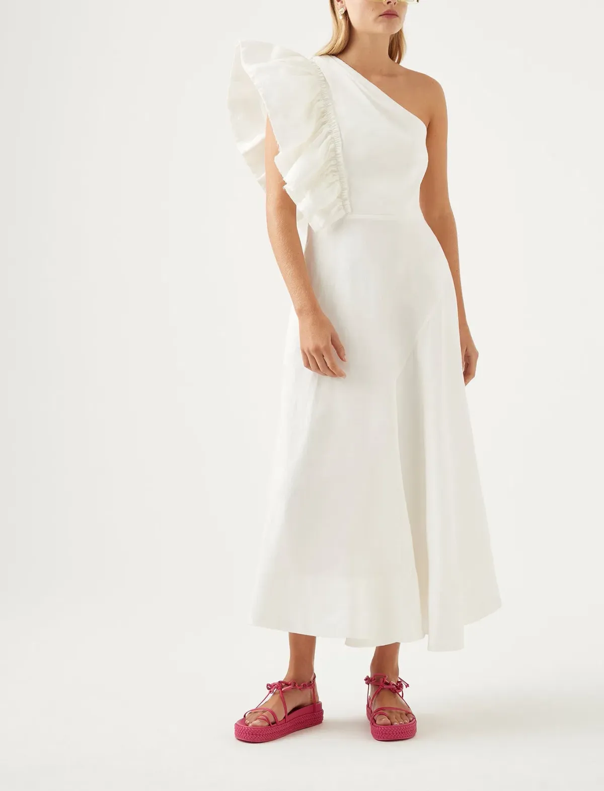 Aje Bonjour Asymmetric Midi Dress Ivory Size 8 for rent on The Volte - main image