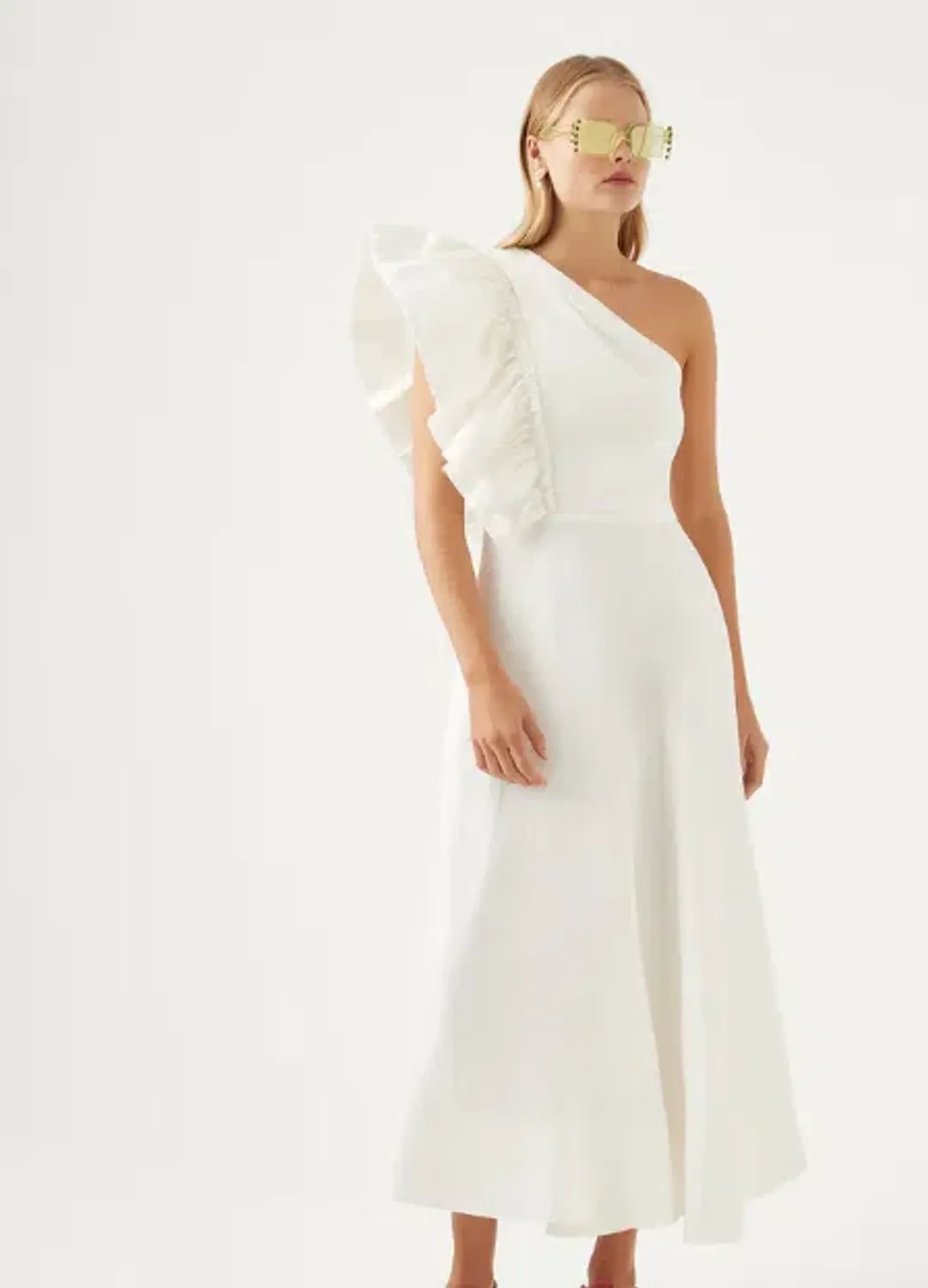 Aje Bonjour Asymmetric Midi Dress Ivory Size 8 for rent on The Volte - main image