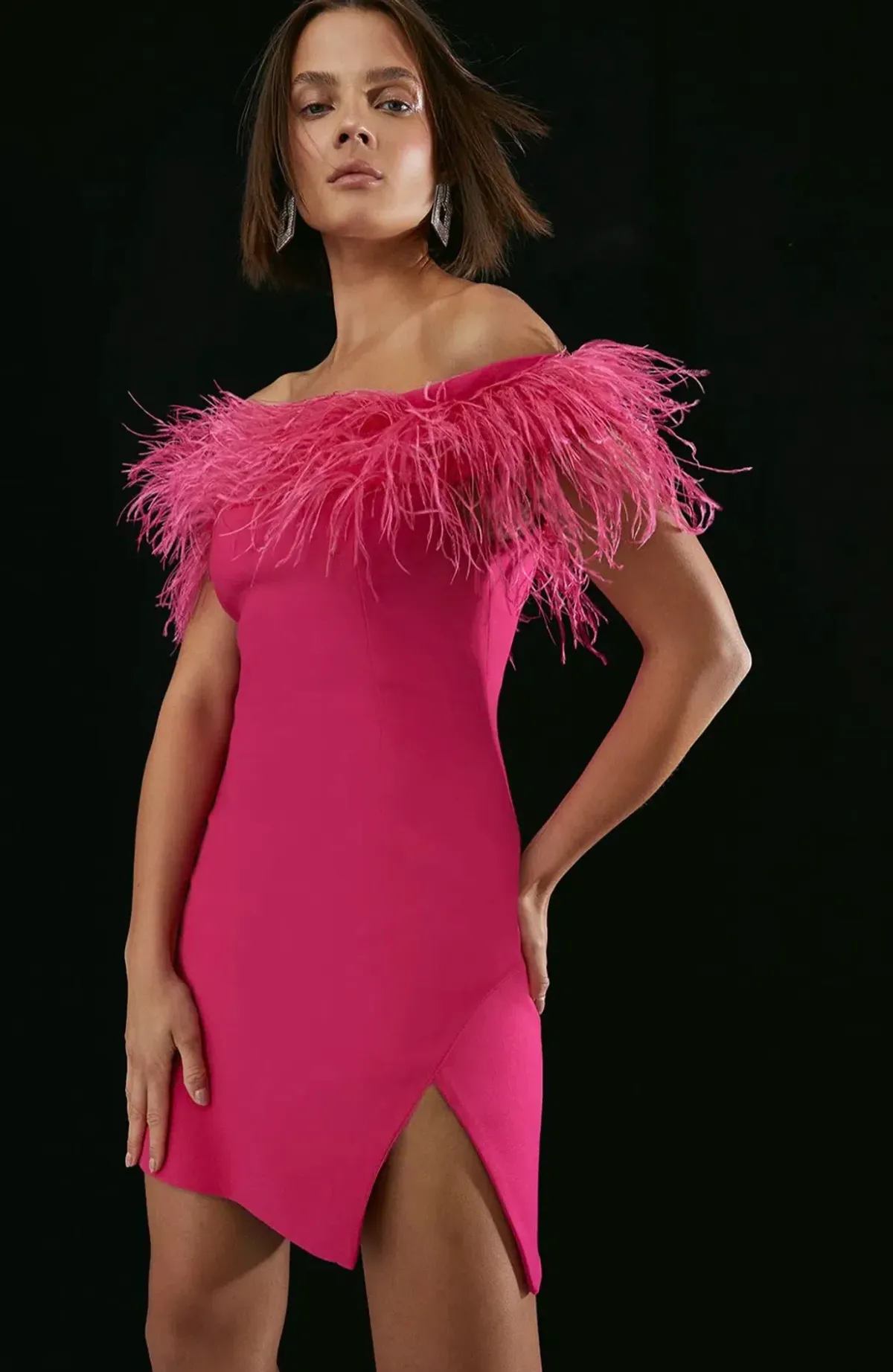 Karen Millen Feather Bardot Crepe Mini Dress Pink Size 10 for rent on The Volte - main image