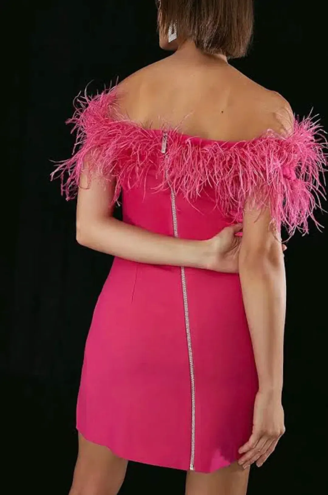 Karen Millen Feather Bardot Crepe Mini Dress Pink Size 10 for rent on The Volte - main image