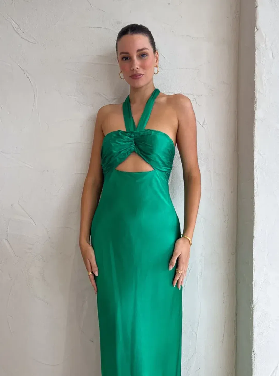 Shona Joy Lana Ruched Halter Midi Dress Tree Green Size 8 for rent on The Volte - main image
