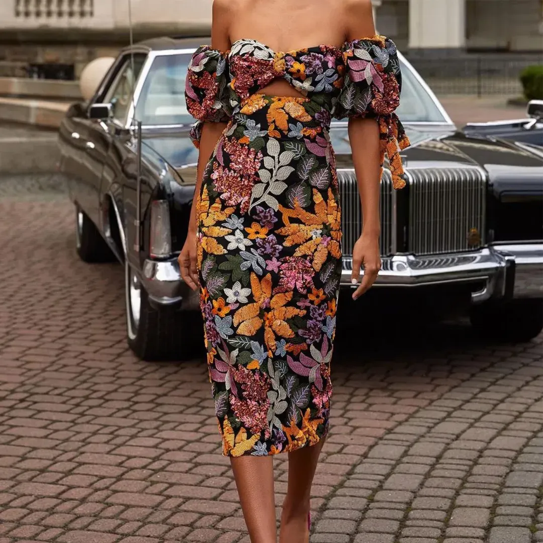 Alamour The Label Flora Sequin Midi Dress Floral Size 12 for rent on The Volte - main image