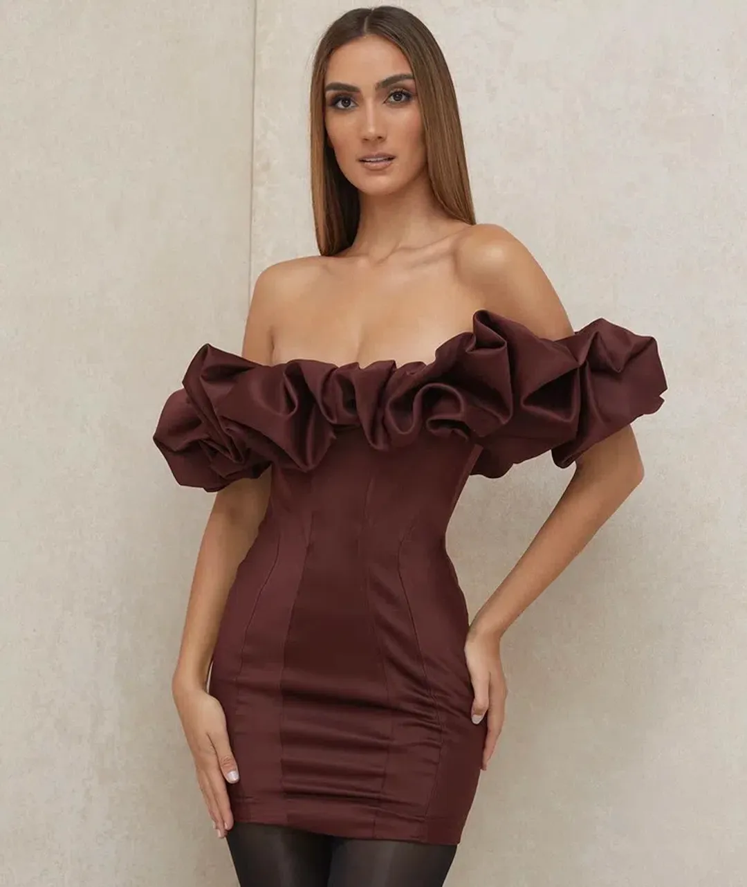 House of CB Selena Satin Ruffle Strapless Mini Dress Brown Size M / Au 10 for rent on The Volte - main image