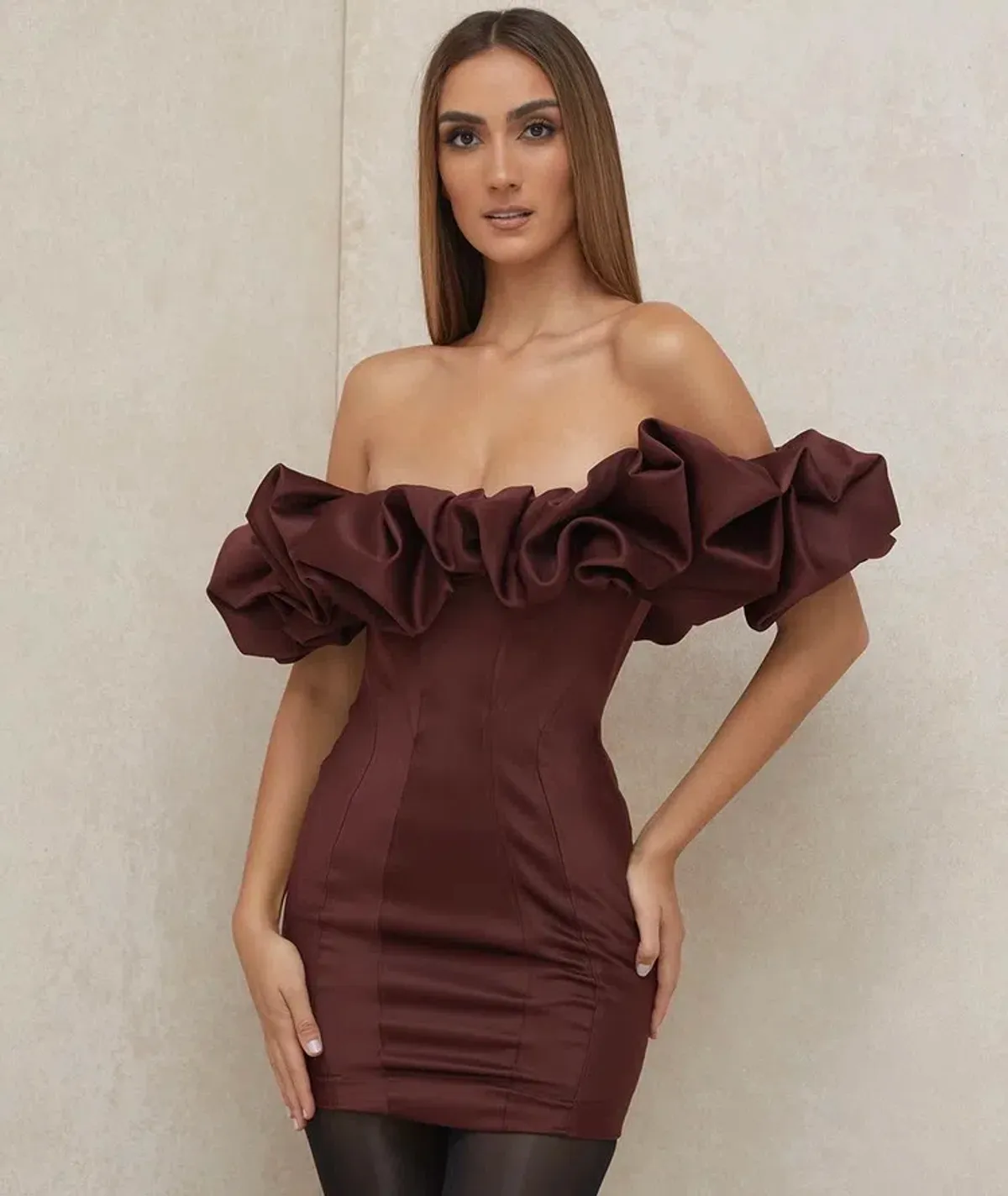 House of CB Selena Satin Ruffle Strapless Mini Dress Brown Size M / Au 10 for rent on The Volte - main image