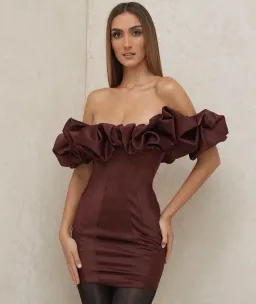 House of CB Selena Satin Ruffle Strapless Mini Dress Brown Size M / Au 10 for rent on The Volte - image 1