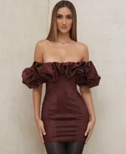 House of CB Selena Satin Ruffle Strapless Mini Dress Brown Size M / Au 10 for rent on The Volte - image 4