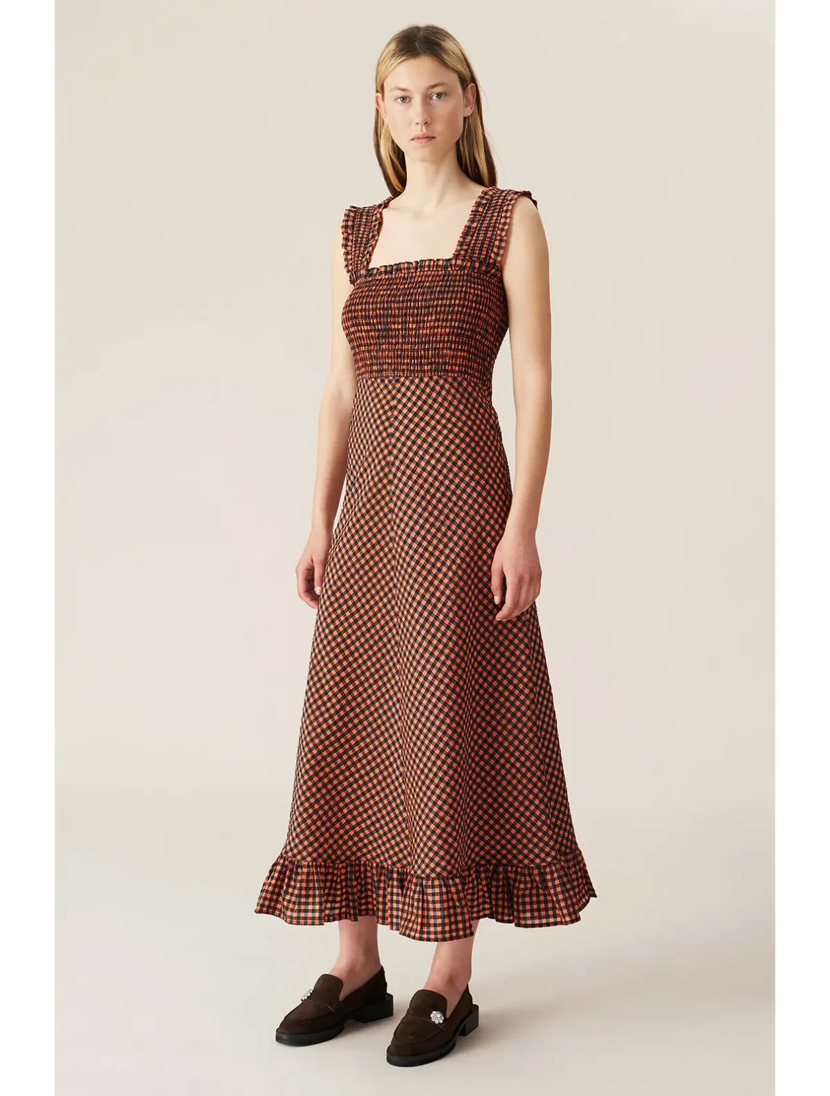 Ganni Seersucker Check Maxi Dress Print Size 6 for rent on The Volte - main image