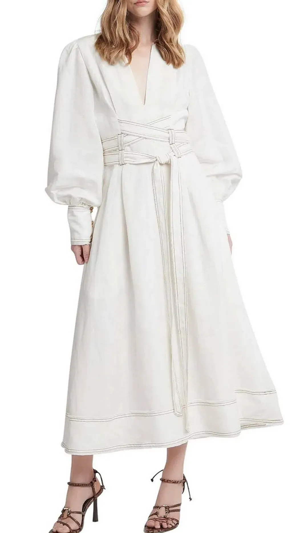 Aje Radiance Belted Midi Dress White Size 8 for rent on The Volte - main image