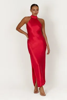 Meshki Claire Satin Drape Back Maxi Dress with Split in Red Size M / Au 10 for rent on The Volte - image 1