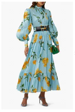 Leo Lin Marguerite Bleu Blue Silk Linen Floral Dress Size 10 for rent on The Volte - image 2