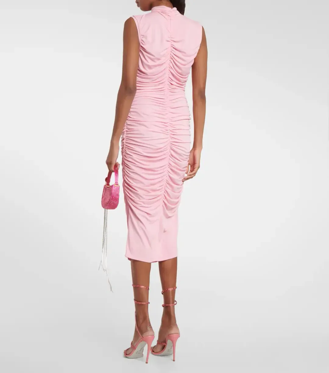 Magda Butrym Ruched Midi Dress Floral Appliqué/Pink Size 8  for rent on The Volte - main image