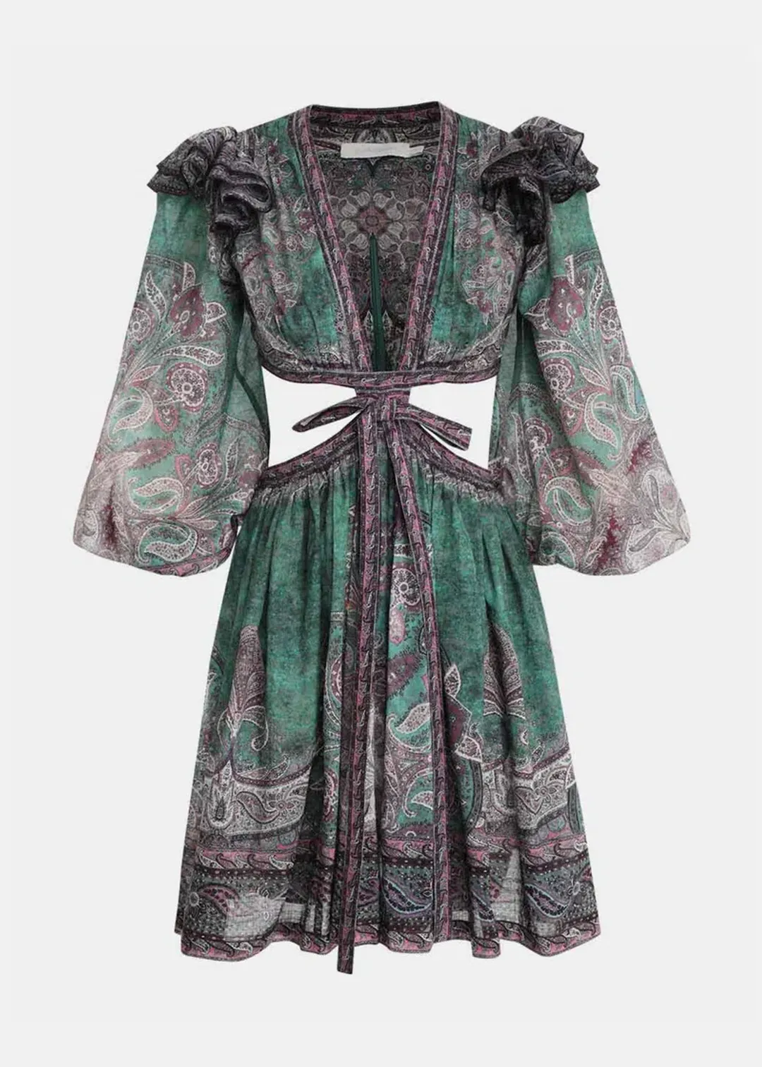 Zimmermann Anneke Ruffle Mini Dress Teal Paisley Size 0 / AU 8 for rent on The Volte - main image