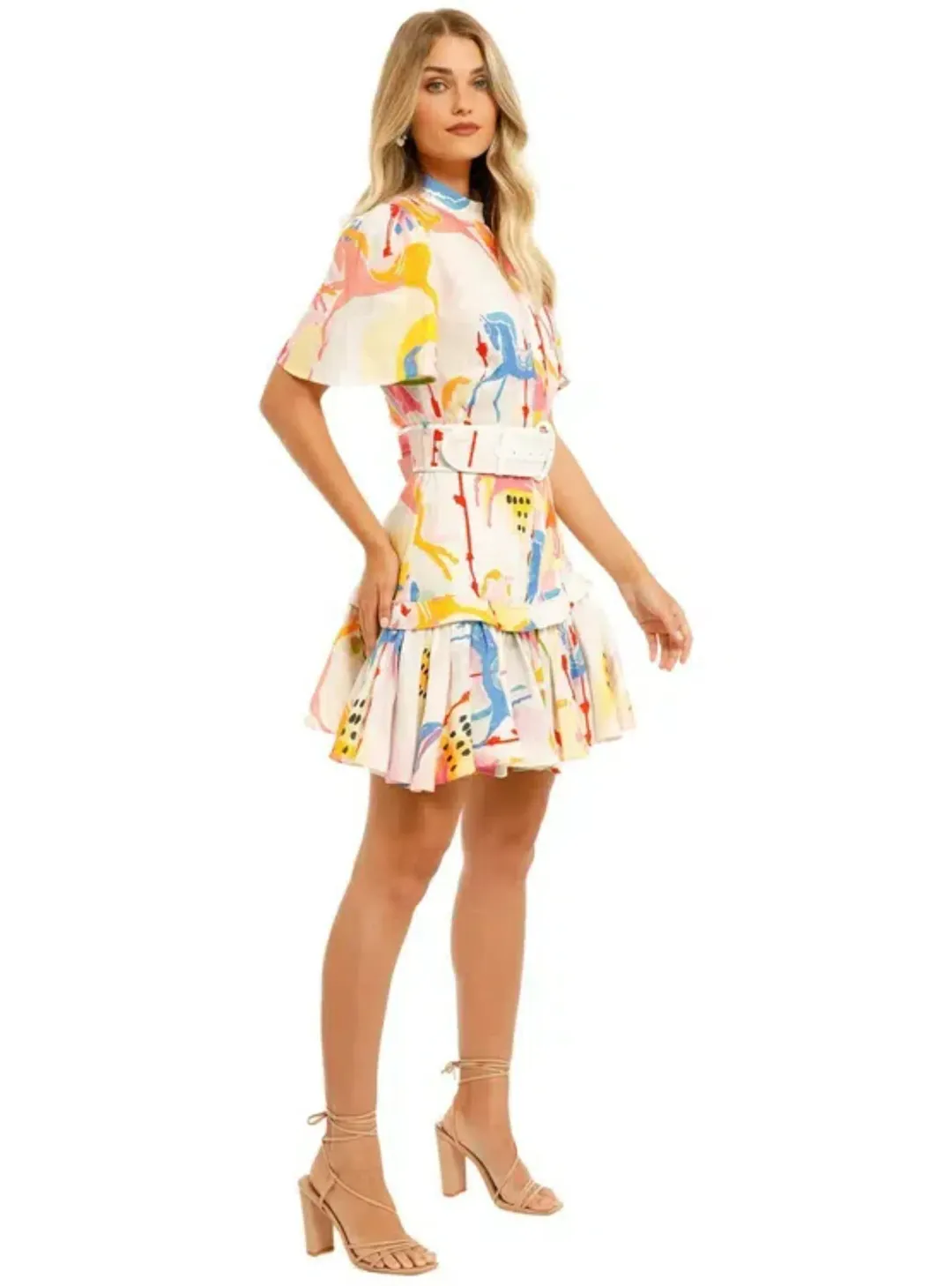 Leo & Lin Carousel Linen Shirt Dress Rainbow Carousel Multi Print Size AU 12 for rent on The Volte - main image