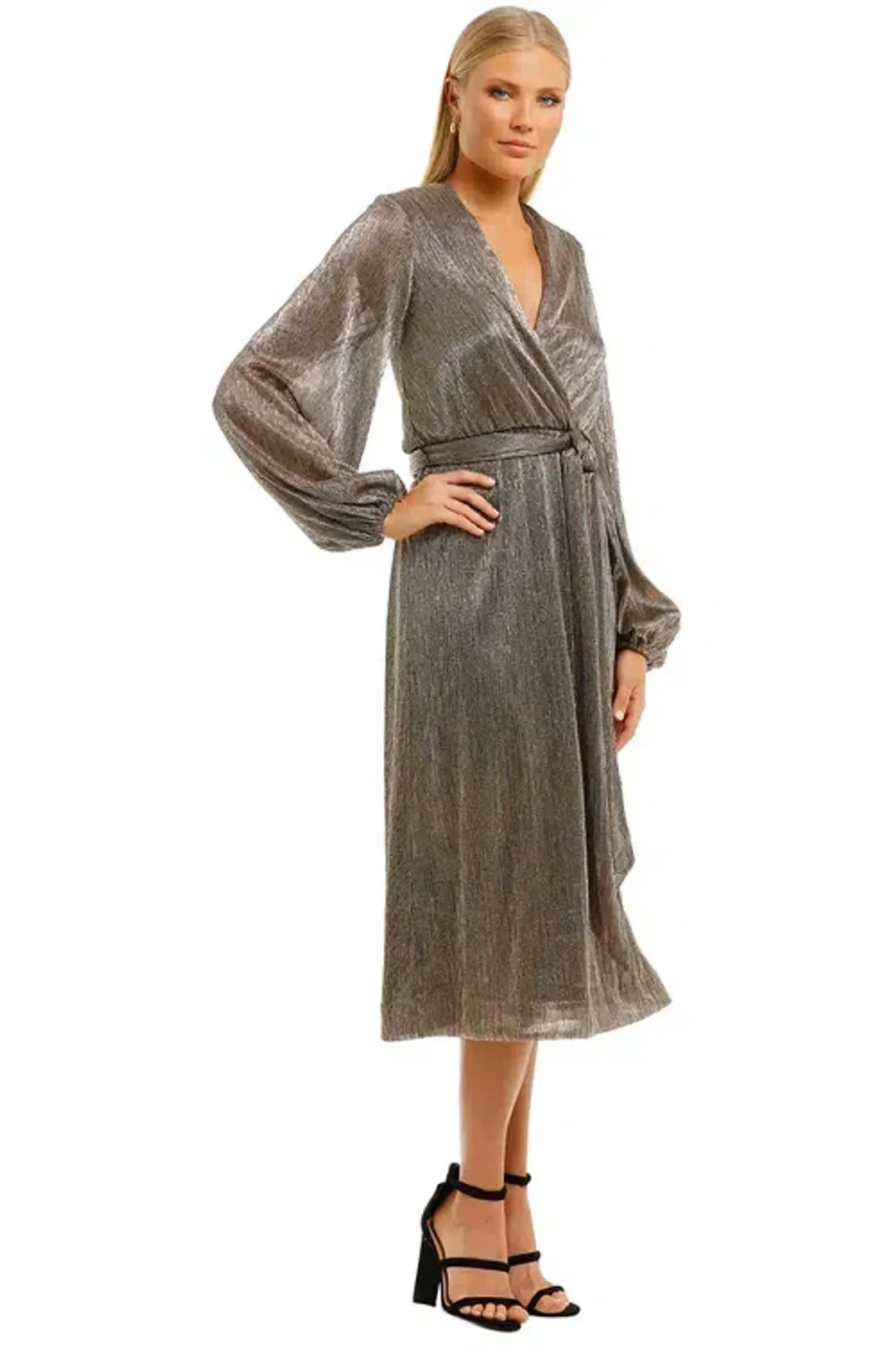 Rebecca Vallance Rivero LS Midi Dress Gold Gold Size 8 for rent on The Volte - main image