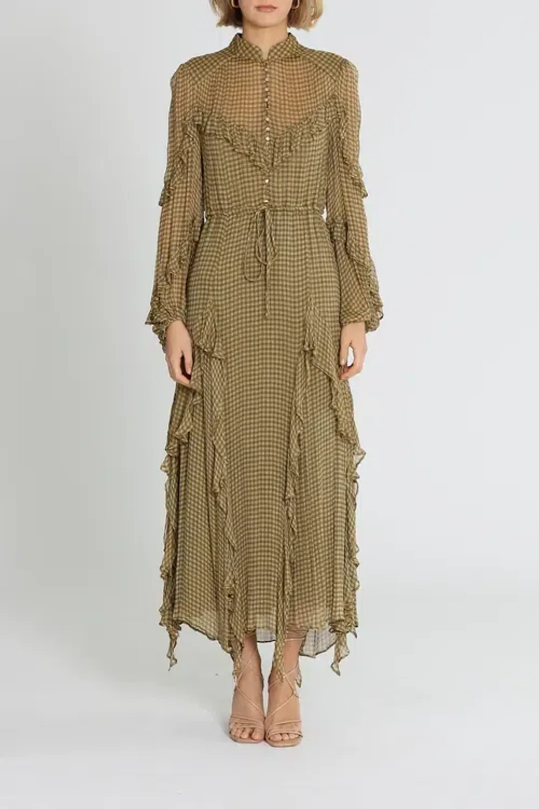 Shona Joy Eleonora Drawstring Frill Midi Dress Olive Khaki Size 8 for rent on The Volte - main image