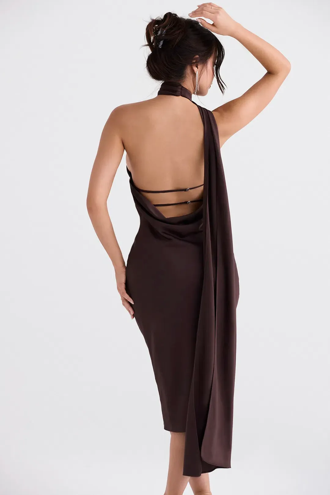 House of CB Angelina Wrap Neck Midi Dress Chocolate Size XS / AU 6 for rent on The Volte - main image
